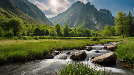 Mountain river in the Caucasus mountains. Summer landscape with a mountain river.の写真素材