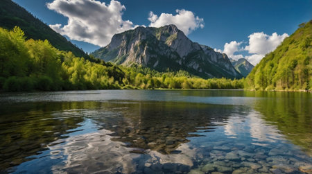 Panoramic view of the mountain lake in the Caucasus mountains.