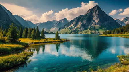 Panoramic view of alpine lake with reflection of mountains and cloudsの写真素材