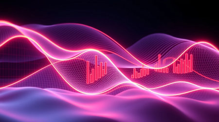 3d rendering of sound waveform on dark background. Sound waveform with glowing particles. Music...