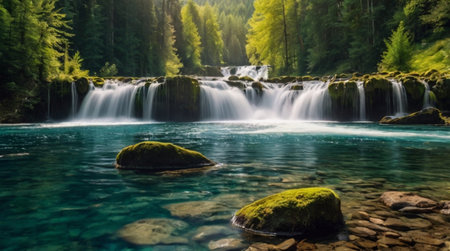 Waterfall in the forest. Beautiful waterfall in the forest. Mountain landscape.の写真素材