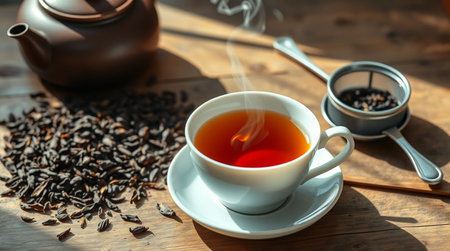 Cup of tea and teapot on wooden table, closeup
