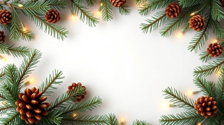 Christmas background with fir branches and pine cones. Flat lay, top view.の写真素材