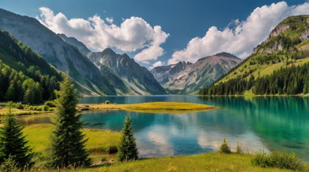 panoramic view of beautiful alpine lake in Austria, Europeの写真素材