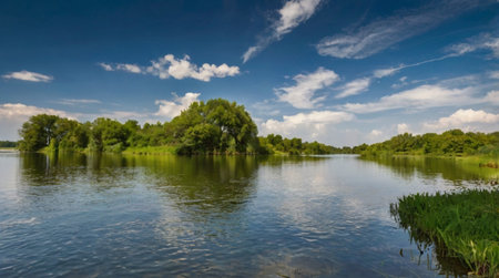 Summer landscape with river, trees and blue sky. Panorama.