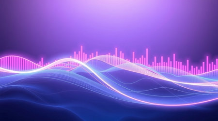abstract blue background with glowing lines and waves.