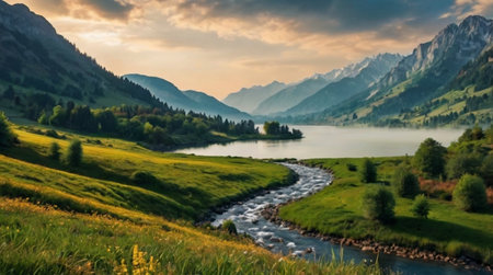 Panoramic view of mountain river and valley at sunset. Beautiful summer landscapeの写真素材