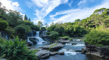 Panoramic view of the beautiful waterfalls in the botanical garden.の写真素材