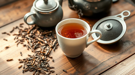 Cup of tea and teapot on wooden table, closeupの写真素材