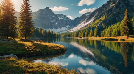 Mountain lake with reflection of mountains in the italian alpsの写真素材