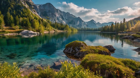 Panoramic view of beautiful lake in Dolomites, Italyの写真素材