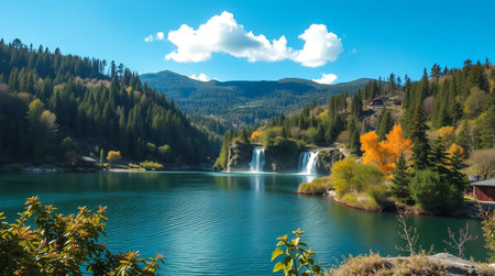 Beautiful autumn landscape with a waterfall on the lake in the mountainsの写真素材