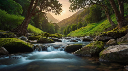 Long exposure of a mountain river flowing through a green forest at sunsetの写真素材
