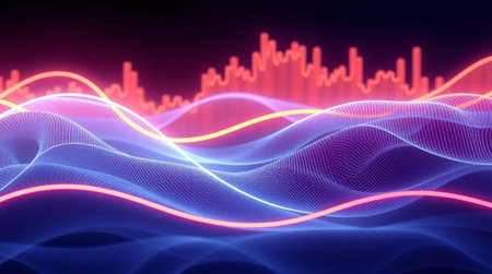 Abstract 3d rendering of sound wave with glowing particles. Futuristic sound wave.