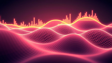 3d rendering of sound waveform in virtual space. Futuristic technology style. Sound waveform with glowing particles.の写真素材