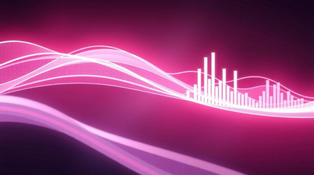 abstract background with a glowing wave, neon lines and bokehの写真素材