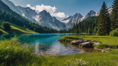 Panoramic view of beautiful alpine lake in the mountains.の写真素材
