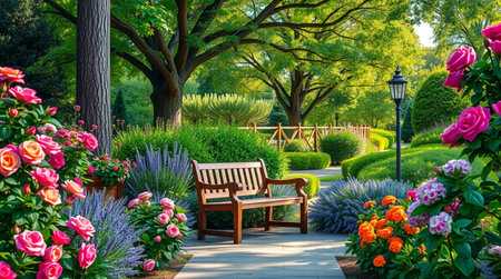 Beautiful summer garden with blooming flowers and wooden bench in the park