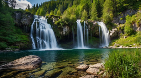 Beautiful waterfall in the mountains on a summer day. Panoramic viewの写真素材