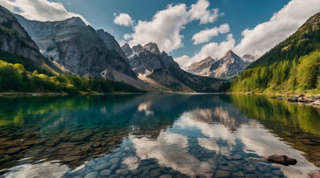 Panoramic view of the lake in the Dolomites, Italyの写真素材