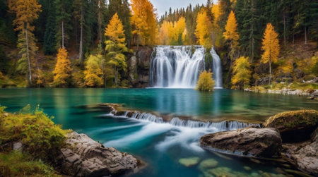 Panoramic view of beautiful waterfall in autumn forest. Nature backgroundの写真素材