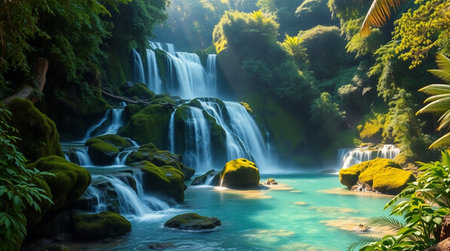 Beautiful waterfall in tropical forest. Panorama of beautiful waterfall in jungle.