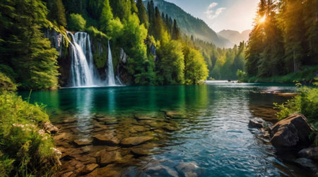 Waterfall in the mountains at sunset. Beautiful summer landscape with green forest and waterfall.の写真素材
