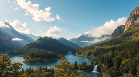 Panoramic view of turquoise lake in the mountains.の写真素材