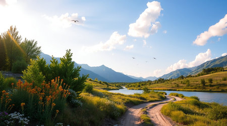 Beautiful summer landscape with mountains, river and blue sky with cloudsの写真素材