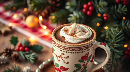 Cup of hot chocolate with whipped cream and christmas decoration on wooden tableの写真素材