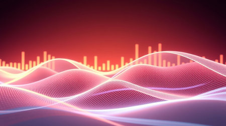 3d illustration of abstract digital sound waves on red background.の写真素材