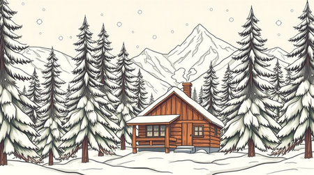 Winter landscape with a wooden house in the mountains. Vector illustration.の写真素材