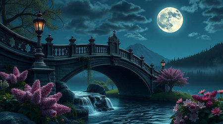 Fantasy landscape with a bridge over the river at night in full moon lightの写真素材