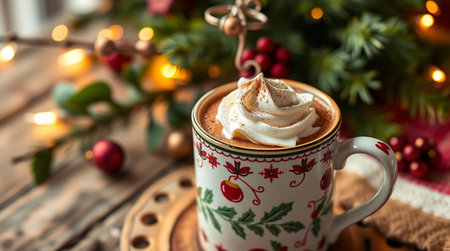Cup of hot chocolate with whipped cream and christmas decorations on wooden backgroundの写真素材