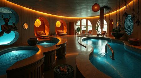 3D rendering of the interior of a spa resort with hot tub