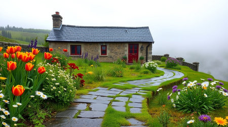 Beautiful cottage on the top of a mountain in the clouds.の写真素材