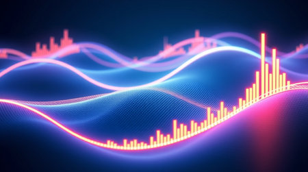 3d rendering of sound waveform with glowing particles on dark backgroundの写真素材
