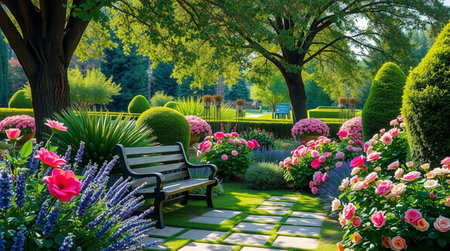 Beautiful spring garden with blooming flowers and a bench in the parkの写真素材