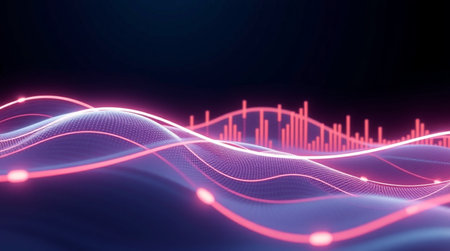3d rendering of sound waveform with glowing particles on dark backgroundの写真素材