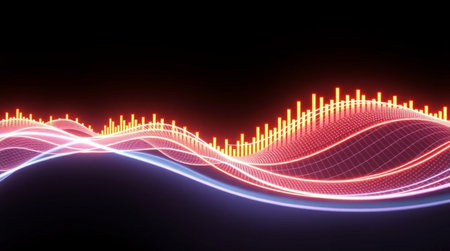 abstract wave music equalizer technology background with glowing lines and bokehの写真素材