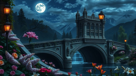 Fantasy landscape with a bridge over the river at night. 3d renderingの写真素材