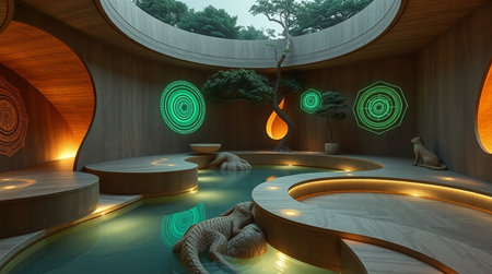 3D rendering of a spa with a wooden floor and a green tree