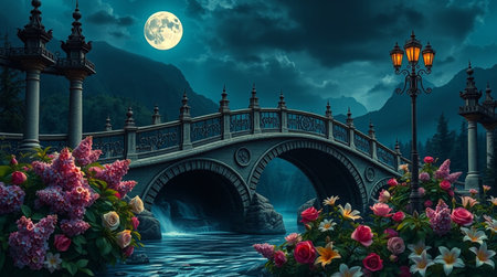 Beautiful fantasy landscape with a bridge over the river and blooming flowers.の写真素材