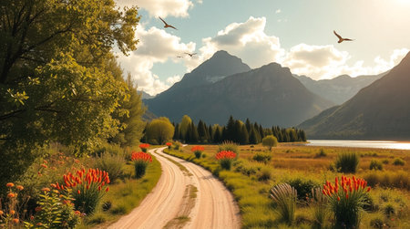 Scenic road in the alps in summer with red tulips.