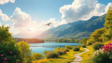 Beautiful landscape with mountains and lake at sunset. 3d renderingの写真素材