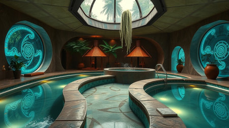 3D CG rendering of modern luxury spa and swimming pool with plants