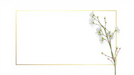 White spring flowers on white background with golden frame. Flat lay, top view.