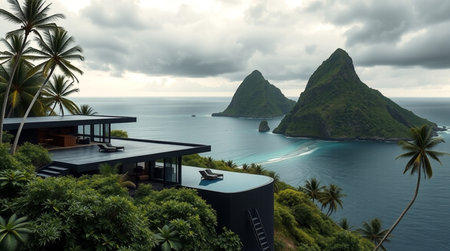 Panoramic view of a luxury villa on the hill overlooking the seaの写真素材