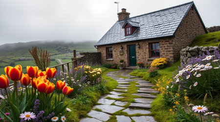 Tulips in front of a cottage on the Isle of Skyeの写真素材