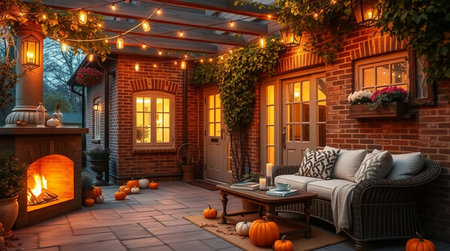 3D rendering of a cozy porch decorated for Halloween with pumpkinsの写真素材